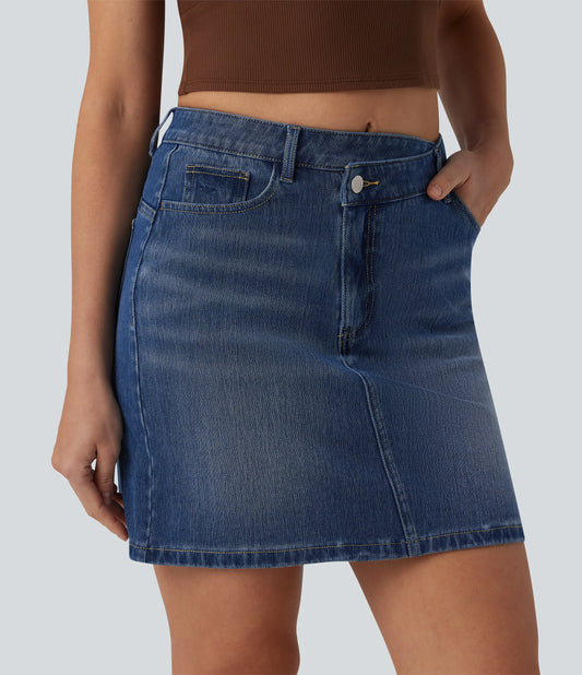 Halara Flex™ Asymmetric Mid Rise Mini Denim Casual Skirt with Pockets