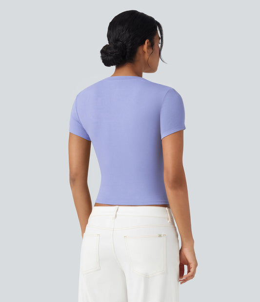 Ribbed Knit Short Sleeve Casual T-Shirt