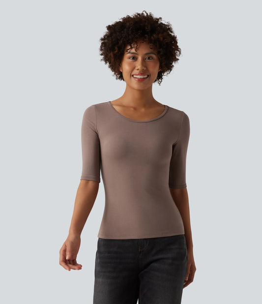 Ribbed Knit Scoop Neck Half Sleeve Casual T-Shirt