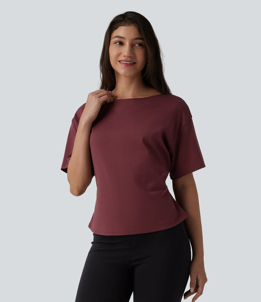 Boat Neck Short Sleeve Work Pima Cotton T-Shirt