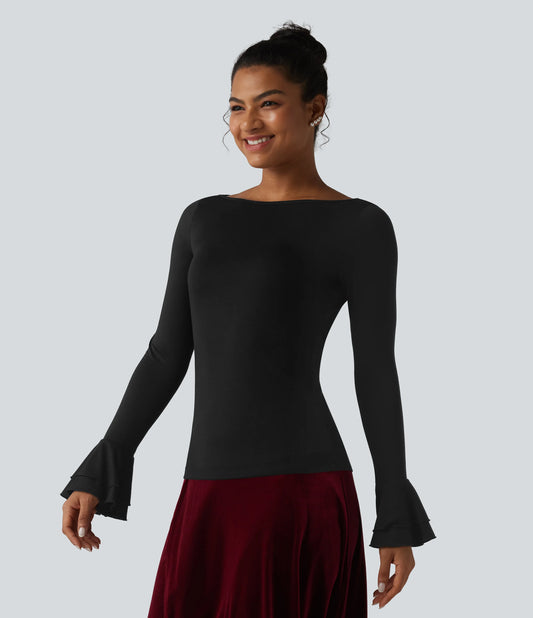 Boat Neck Flounce Long Sleeve Party Top