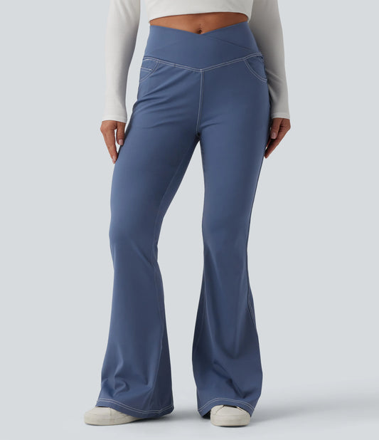 Mid Rise Crossover Super Flare Casual Leggings with Pockets