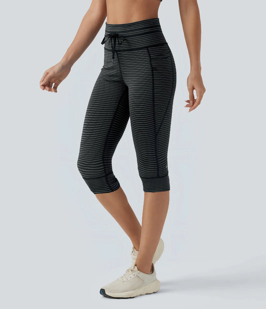 High Waisted Drawstring Stripe Pedal Pusher Yoga Leggings with Pockets