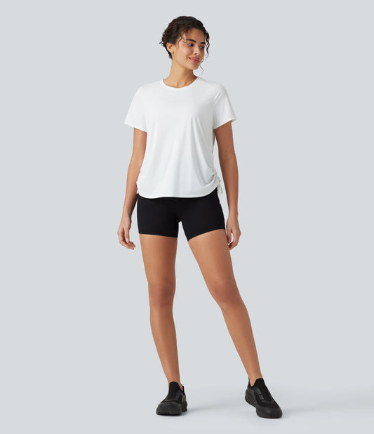 Round Neck Short Sleeve Drawstring Hem InstantCool Quick Dry Workout Sports Top