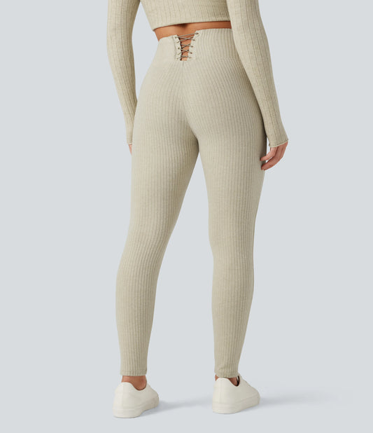 Ribbed Knit High Waisted Crisscross Back Casual Leggings with Pockets