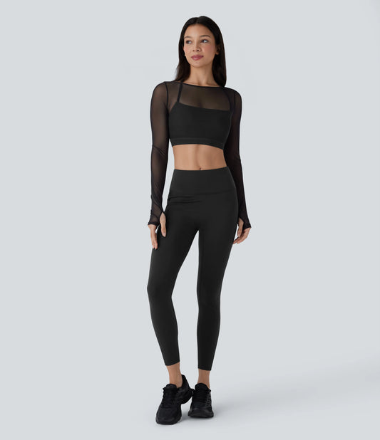 Halter Long Sleeve Thumb Hole Contrast Mesh 2-in-1 Cropped Yoga Sports Top