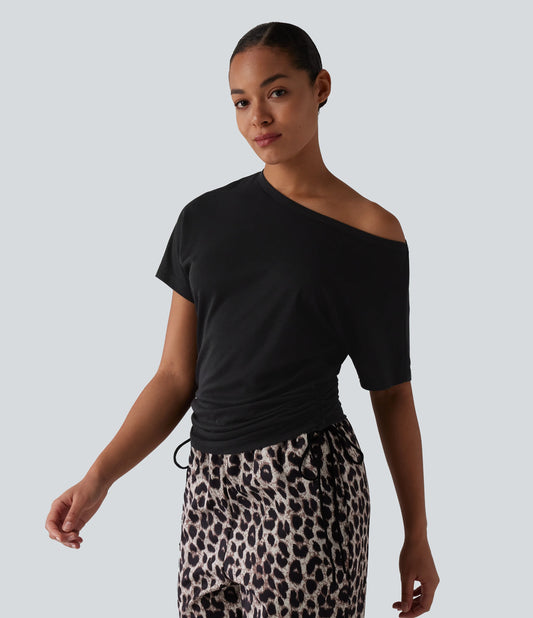 One Shoulder Short Sleeve Drawstring Casual Wool-Blend T-Shirt