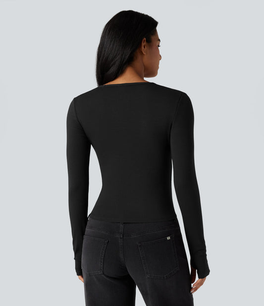 Round Neck Long Sleeve Thumb Holes Casual Wool-Blend Top