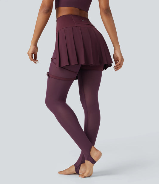Breezeful™ High Waisted Pleated 2-in-1 Contrast Mesh Quick Dry Dance Stirrup Skirted Leggings with Pockets