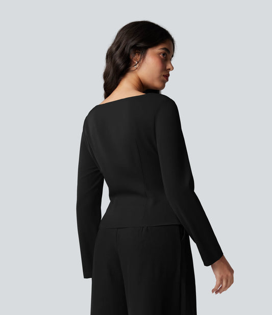 Wrinkle Recovery Boat Neck Long Sleeve Ruched Tie Work Blouse