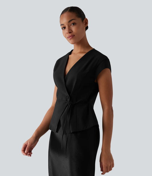 V Neck Short Sleeve Tie Front Work Linen-Feel Blouse