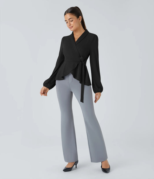 Shawl Collar Wrapped Tie Side Ruffle Hem Work Blouse
