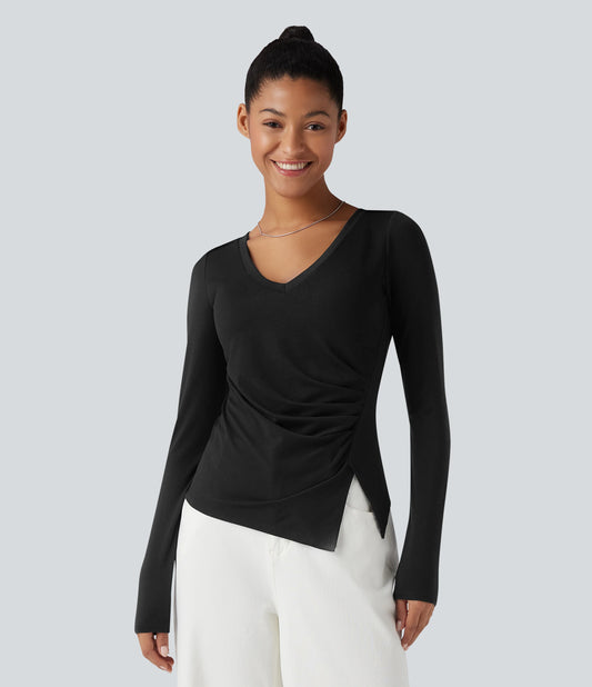 Molded Cups Push-Up V-neck Long Sleeve Ruched Split Hem Casual Top A/B Cup