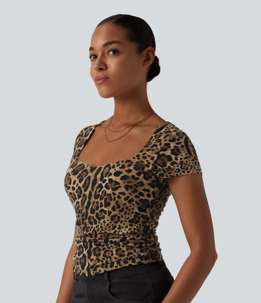 Square Neck Short Sleeve Ruched Leopard Print Casual T-Shirt