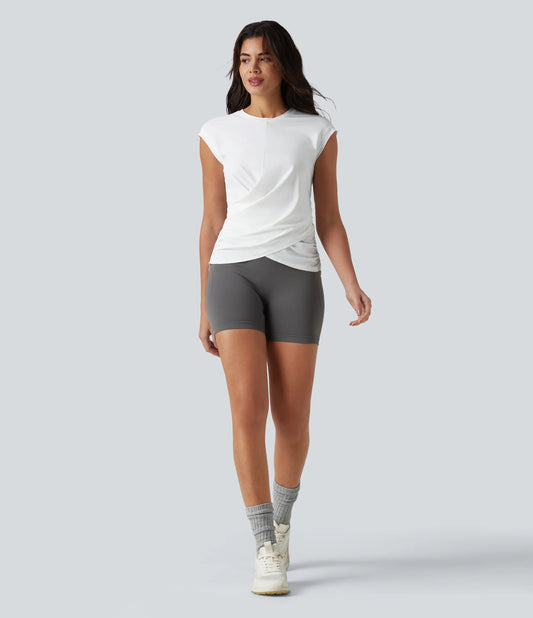 Round Neck Cap Sleeve Crossover Hem InstantCool Quick Dry Running Sports Top-UPF50+