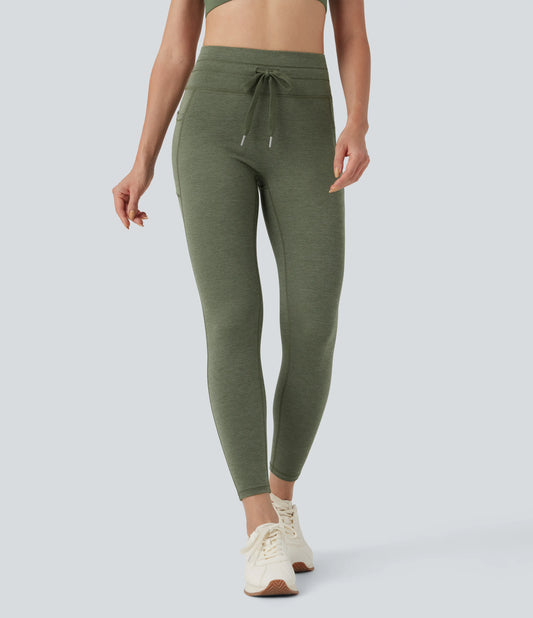 High Waisted Drawstring Heathered 7/8 Yoga Leggings with Pockets