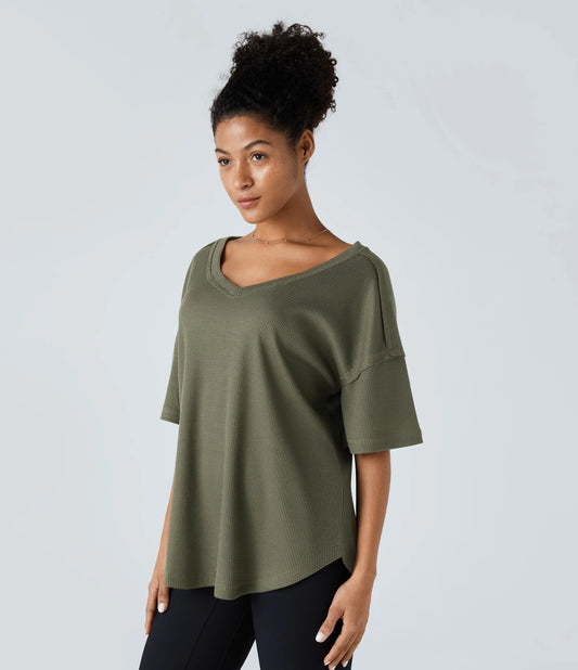 V Neck Dropped Shoulder Curved Hem Relaxed Waffle Casual T-Shirt