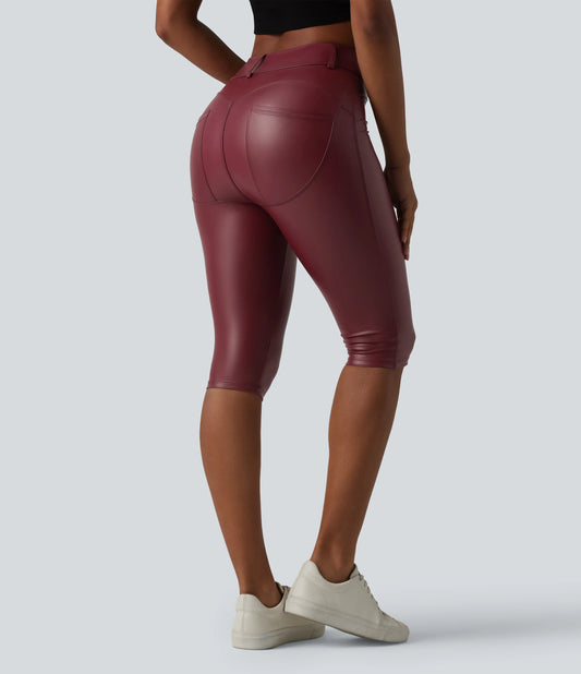 High Waisted Stretchy PU Casual Pedal Pushers Leggings with Pockets