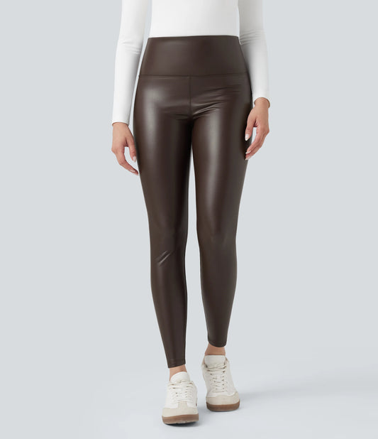 High Waisted Tummy Control Stretchy PU Fleece 7/8 Skinny Casual Leggings with Pockets