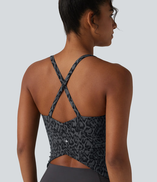 Halara UltraSculpt™ Leopard Print Scoop Neck Built-in Bra Crossover Hem Yoga Tank Top