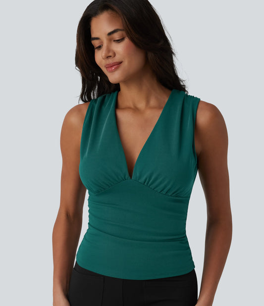 V Neck Ruched Built-in Bra Work Tank Top