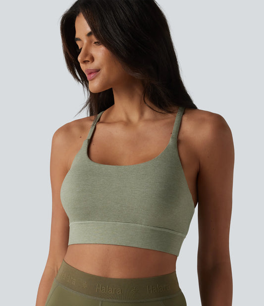 Medium Support Crisscross Backless Built-in Bra Heathered Workout Sports Bra