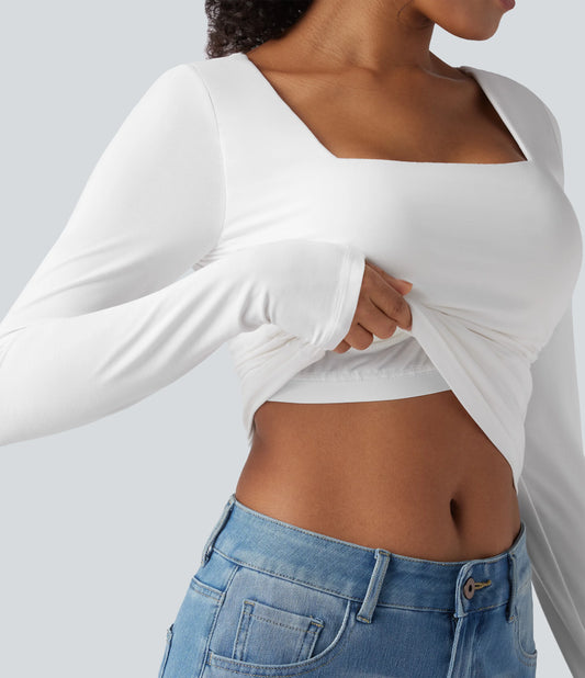 Square Neck Push-Up 2-in-1 Long Sleeve Ruched Casual T-Shirt DD-F Cups
