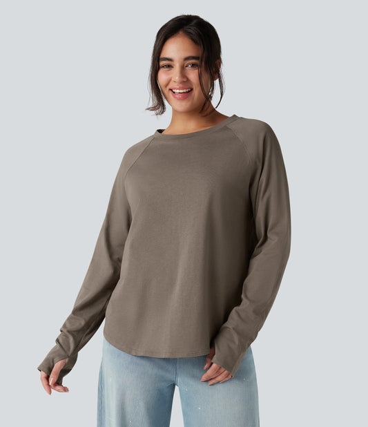 Round Neck Raglan Long Sleeve Thumb Holes Curved Hem Relaxed Casual Cotton T-Shirt