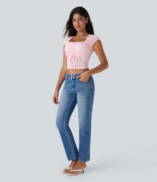 Square Neck Drawstring Eyelet Skinny Cropped Casual Top