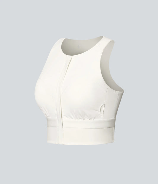 Round Neck Built-in Bra InstantCool Quick Dry Cropped Running Tank Top with Pockets-UPF50+