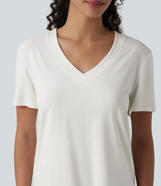 V Neck Short Sleeve Curved Hem Casual T-Shirt