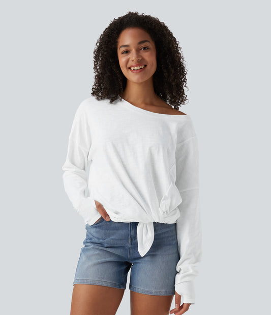 Boat Neck Long Sleeve Thumb Hole Tie Side Casual Cotton T-Shirt