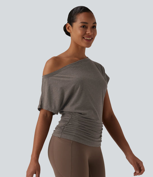 One Shoulder Short Sleeve Ruched Yoga Sports Top