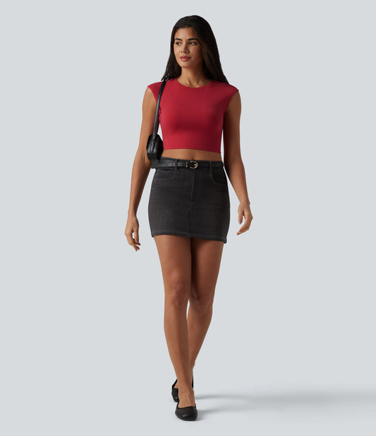 Round Neck Cap Sleeve Cropped Casual T-Shirt