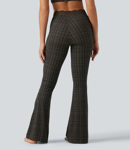 Halara UltraSculpt™ Plaid Print V-Shaped High Waisted Contrast Lace Yoga Flare Leggings with Pockets