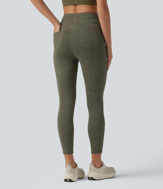 High Waisted Tummy Control Washed Workout Leggings with Pockets