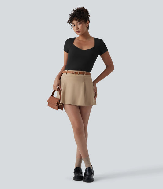 Ribbed Knit Queen Anne Neck Built-in Bra Short Sleeve Casual T-Shirt