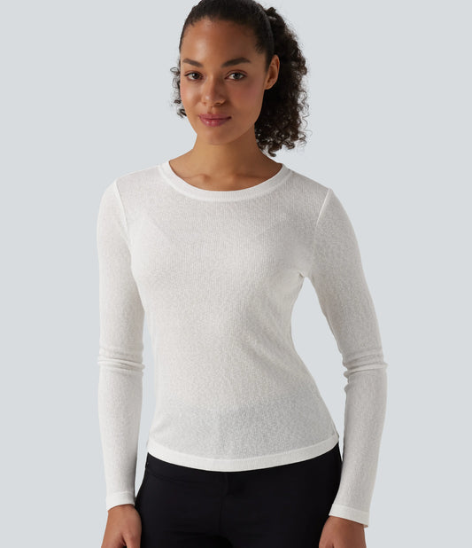Semi Sheer Ribbed Knit Round Neck Long Sleeve Casual T-Shirt