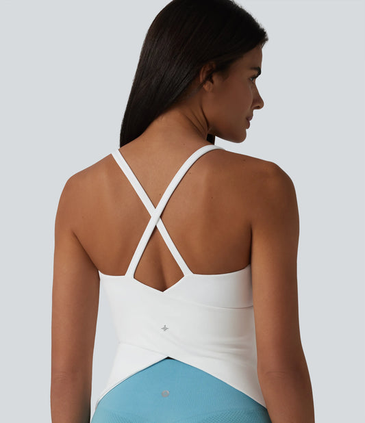 Scoop Neck Crisscross Back Crossover Hem Built-in Bra Yoga Cami Top DD-F Cups