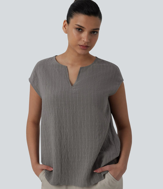Notched Collar Sleeveless Stripe Casual Linen-Blend T-Shirt
