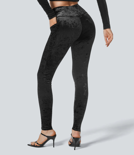 High Waisted Crossover Pocket Velvet Casual 7/8 Leggings