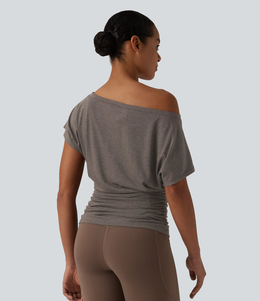 One Shoulder Short Sleeve Ruched Yoga Sports Top