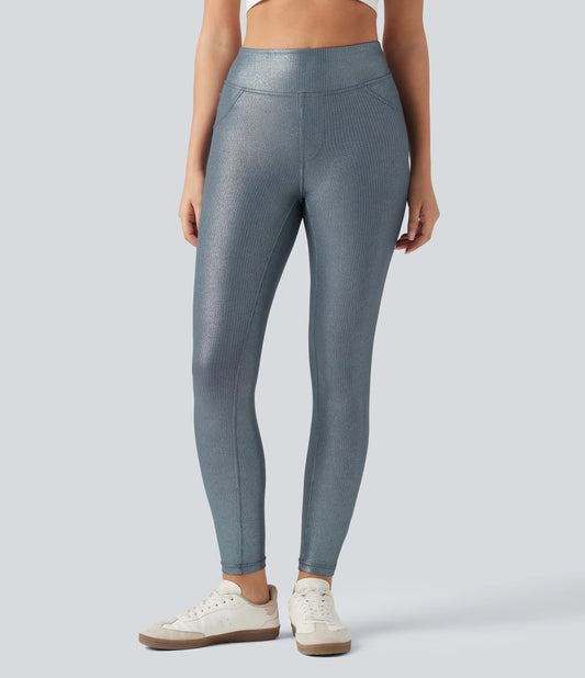 Ribbed Knit High Waisted Foil Print Yoga Leggings with Pockets
