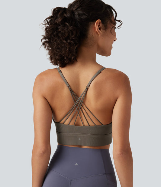 Ribbed Knit Low Support V Neck Built-in Bra Crisscross Yoga Sports Bra