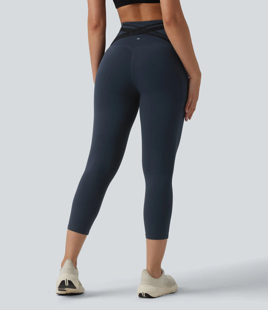 Halara Ultrasculpt™ High Waisted Tummy Control Crossover Back Capri Running Leggings with Pockets
