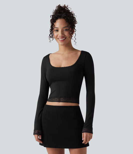 U-Neck Long Sleeve Contrast Lace Work T-Shirt