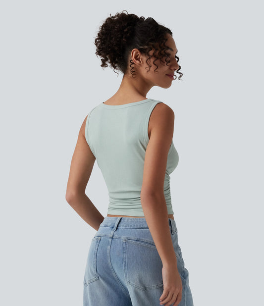 Ribbed Knit Round Neck Ruched Casual Tank Top
