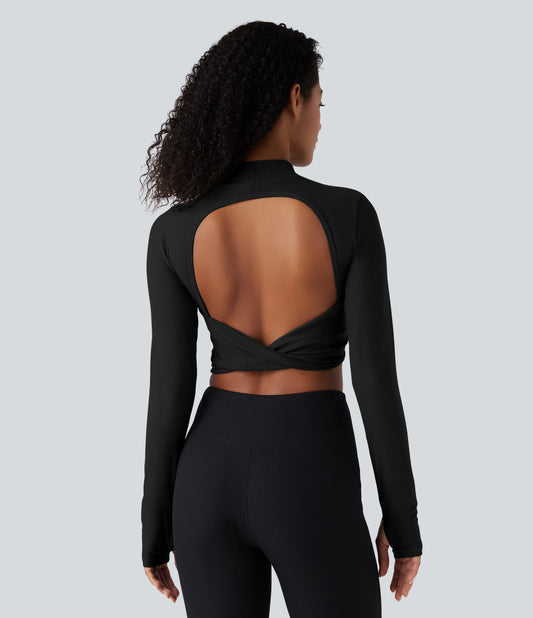 Mock Neck Long Sleeve Thumb Hole Cropped Yoga Sports Top