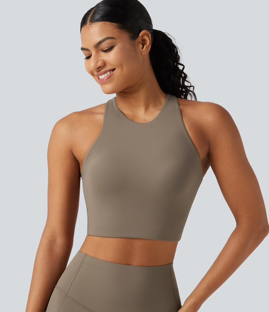 Low Support Round Neck Built-in Bra Cut Out Cool Touch Quick Dry Running Sports Bra-UPF50+