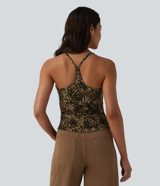 Racerback Built-in Bra Leopard Print Casual Tank Top